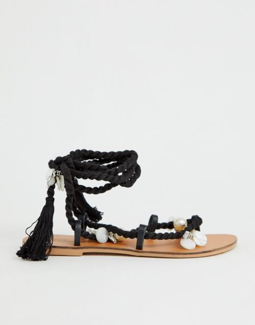 ASOS DESIGN Fields embellished tie leg flat sandals-Black