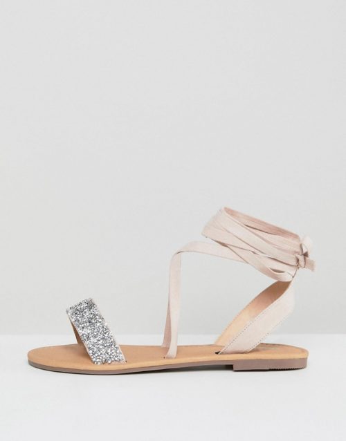 ASOS DESIGN Wide Fit Fi embellished flat sandals-Beige