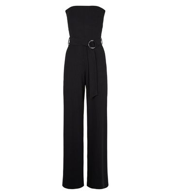 Black Ribbed Belted Split Strapless Jumpsuit New Look
