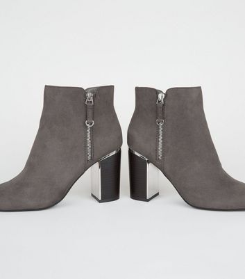 Grey Suedette Metal Block Heel Boots New Look