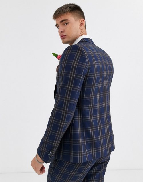 Harry Brown wedding slim fit blue and brown overcheck suit jacket-Navy
