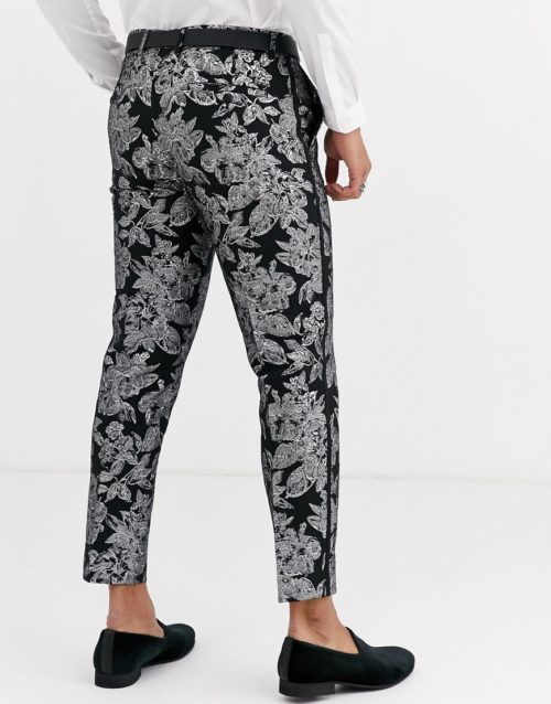 Tux Til Dawn slim fit metallic floral cropped piped trousers-Black