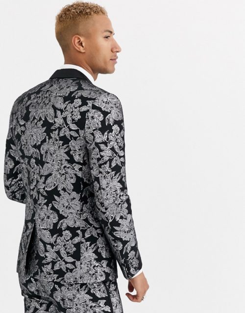Tux Til Dawn slim fit metallic floral suit jacket-Black