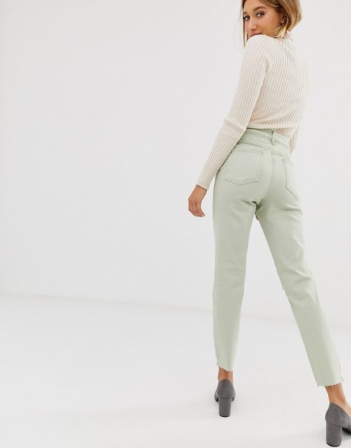 ASOS DESIGN Farleigh high waist slim mom jeans with rip and raw hem in Mint-Green