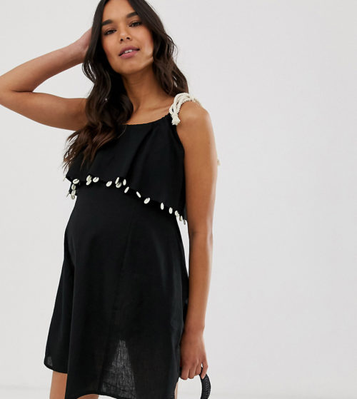 ASOS DESIGN Maternity double layer mini sundress with rope tie and faux shell trims-Black