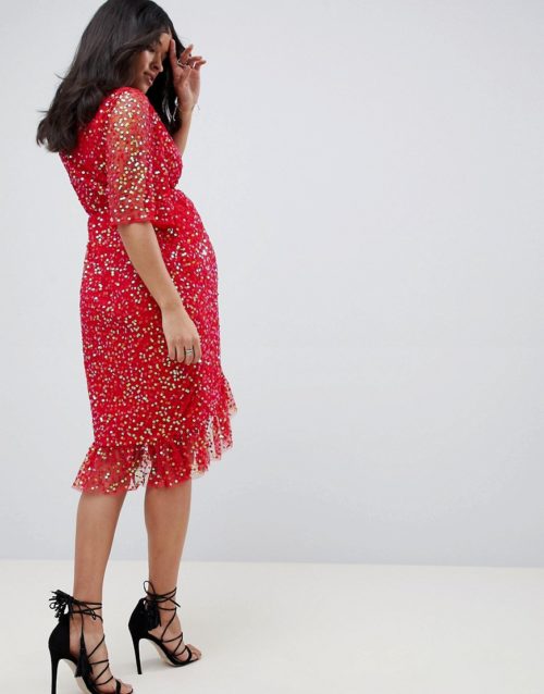 ASOS DESIGN Maternity wrap midi dress with all over sequin-Red