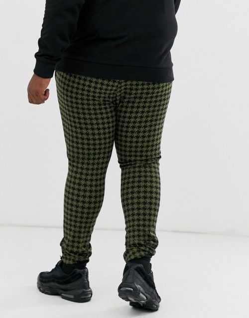 ASOS DESIGN Plus tapered crop smart trousers in khaki dogtooth check with turn up-Green
