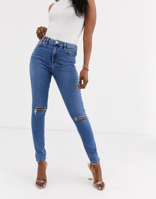ASOS DESIGN Ridley high waist skinny jeans with rips in mid stonewash-Blue