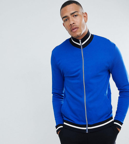 ASOS DESIGN Tall organic jersey track jacket in bright blue with contrast tipping