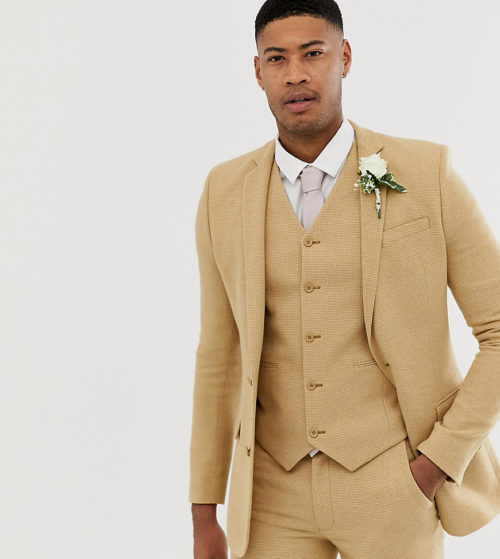 ASOS DESIGN Tall wedding super skinny suit jacket in stone micro check-Beige