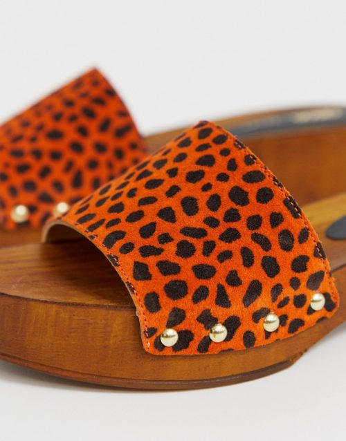 ASOS DESIGN Transit suede heeled mule sandal in orange leopard-Multi