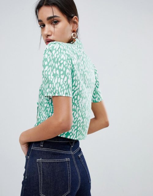 ASOS DESIGN boxy top with button front in green leopard animal print co-ord-Multi