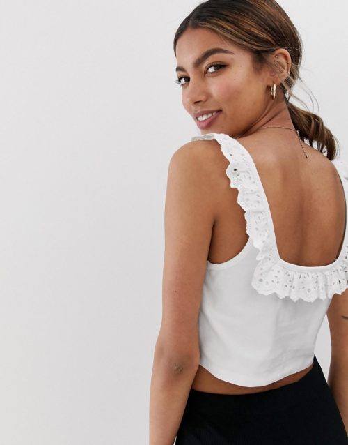 ASOS DESIGN crop top with square neck and broderie trim-White