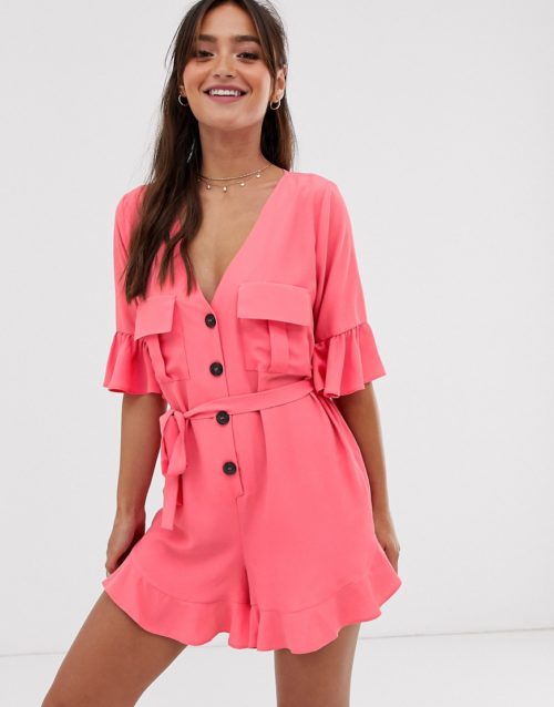 ASOS DESIGN frill hem button front playsuit with tie waist and pockets-Red