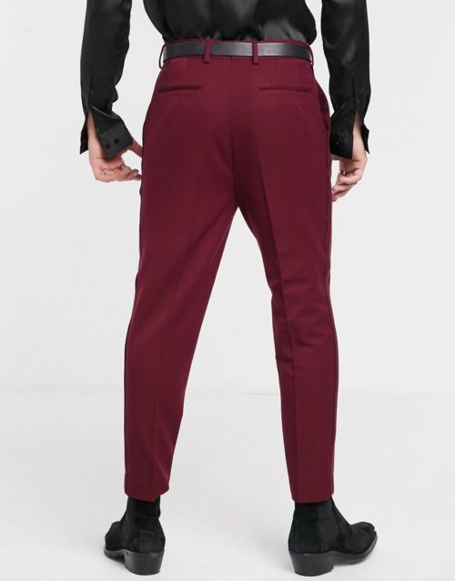 ASOS DESIGN heavyweight smart tapered tuxedo trousers in burgundy