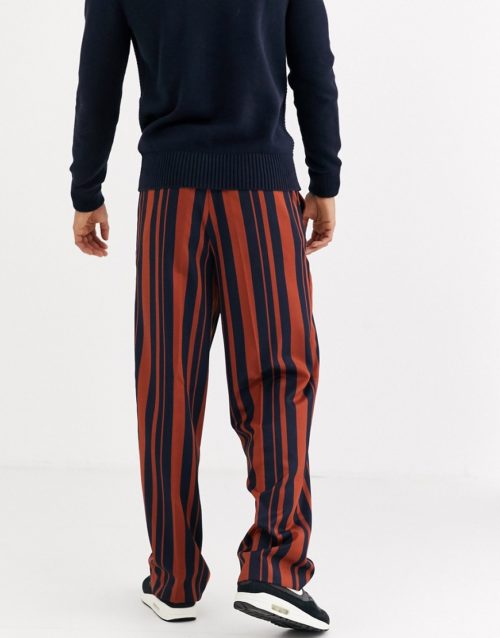 ASOS DESIGN high waisted wide leg smart trousers in navy and orange stripe