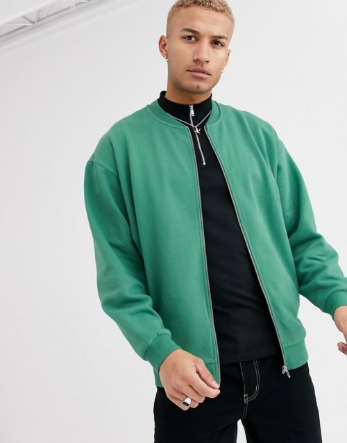 ASOS DESIGN oversized jersey bomber jacket with silver side zips in green