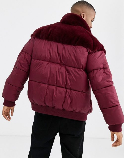 ASOS DESIGN puffer jacket in burgundy with faux fur panel-Red