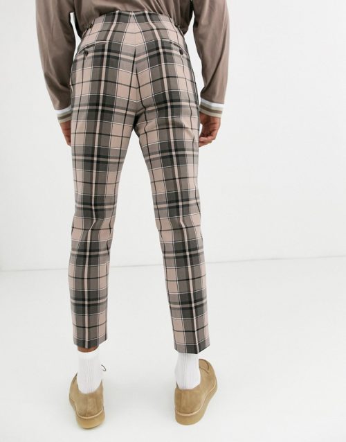 ASOS DESIGN skinny crop suit trousers in camel check-Beige