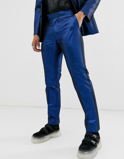 ASOS DESIGN slim tuxedo suit trousers in blue metallic jacquard