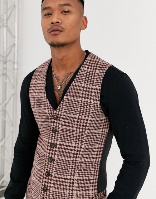 ASOS DESIGN super skinny suit waistcoat in burgundy and camel wool blend check-Red