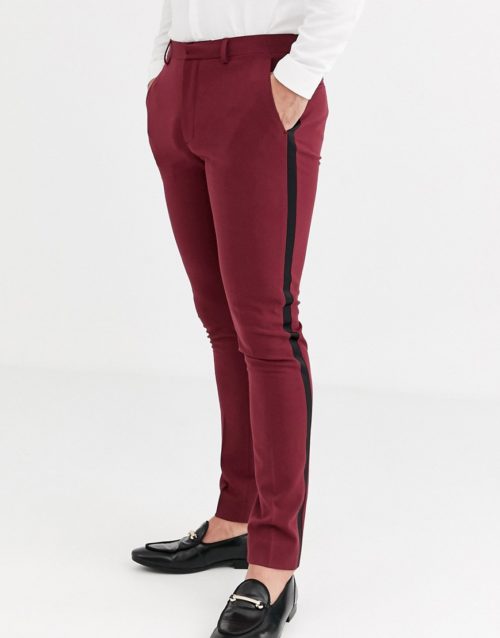 ASOS DESIGN super skinny tuxedo trousers in burgundy-Red
