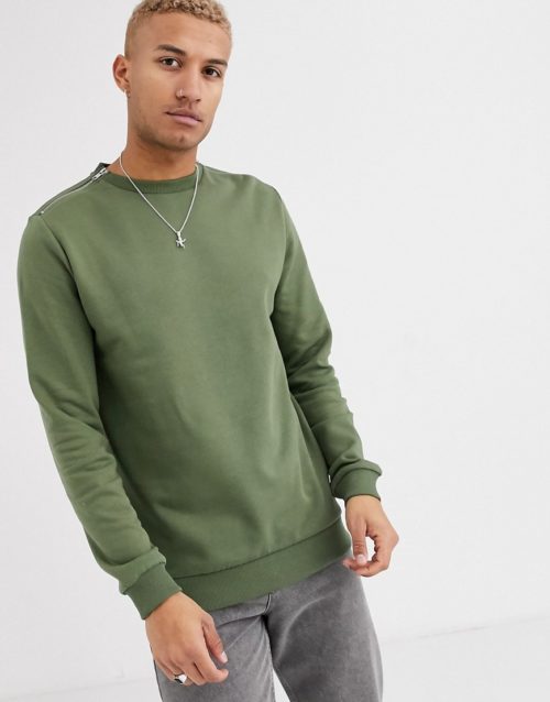ASOS DESIGN sweatshirt in khaki with silver neck zips-Green