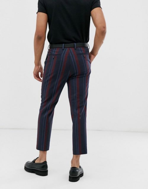 ASOS DESIGN tapered smart trousers in navy and bold burgundy stripe with metal pocket chain