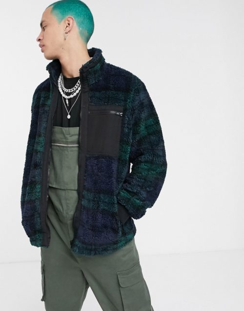 ASOS DESIGN teddy jacket in blue and green check