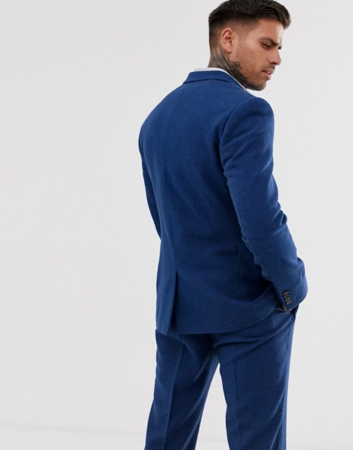 ASOS DESIGN wedding skinny double breasted suit jacket in blue wool mix twill