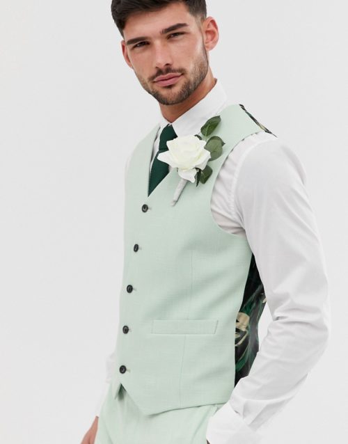 ASOS DESIGN wedding super skinny suit waistcoat in green cross hatch