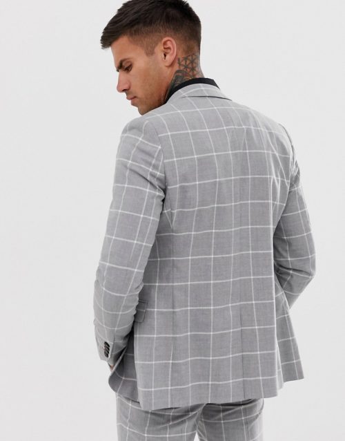 Avail London skinny fit suit jacket in light grey windowpane check