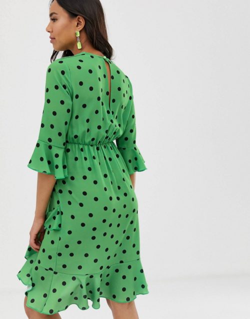 Blume Maternity wrap front midi tea dress in green polka dot