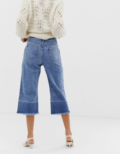 Current Air Wide Leg Cropped Jean with Unravelled Hems and Pearl Embellishment-Blue