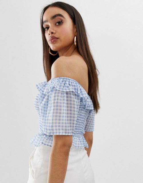 Fashion Union bardot ruched crop top in gingham-Blue