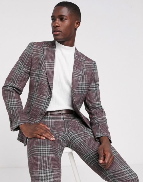 Jack & Jones Premium super slim suit jacket in wool check-Pink
