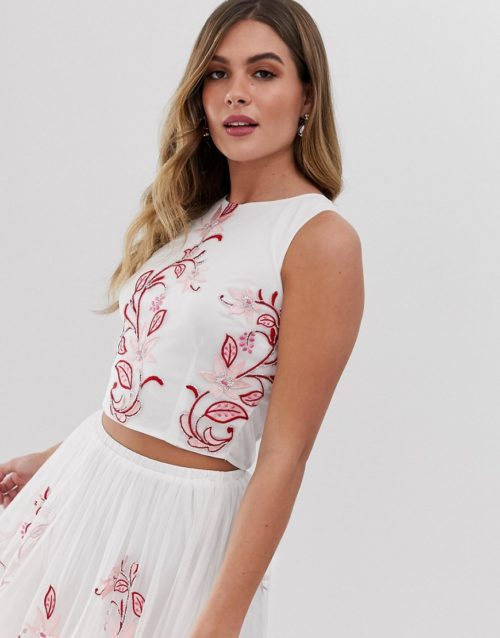 Lace & Beads floral embroidered sleeveless crop top co-ord-White