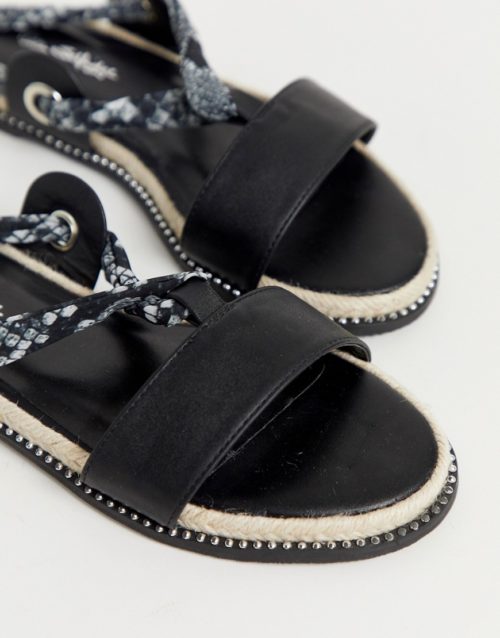 Miss Selfridge flat sandals with snake ankle ties in black-Multi