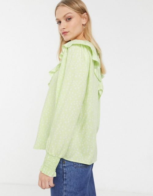 Monki floral print ruffle detail high neck blouse in green