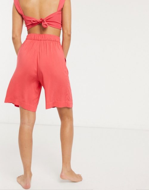 Monki recycled co-ord longline shorts in fuchsia pink