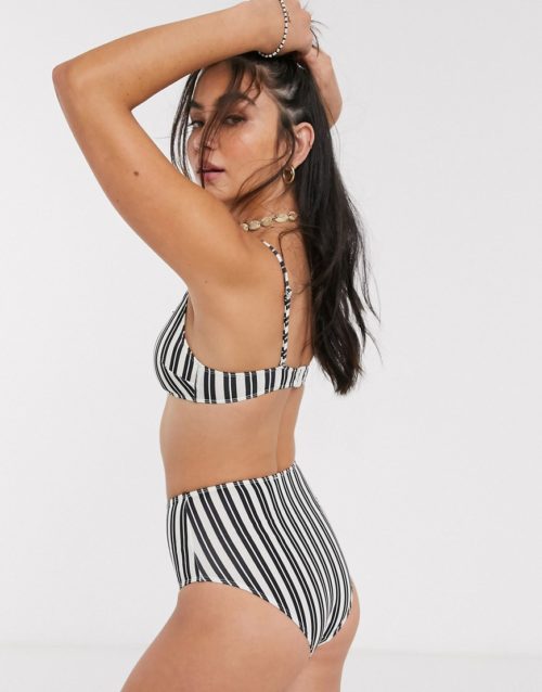 Monki recycled high waist bikini brief in mono stripe-Multi