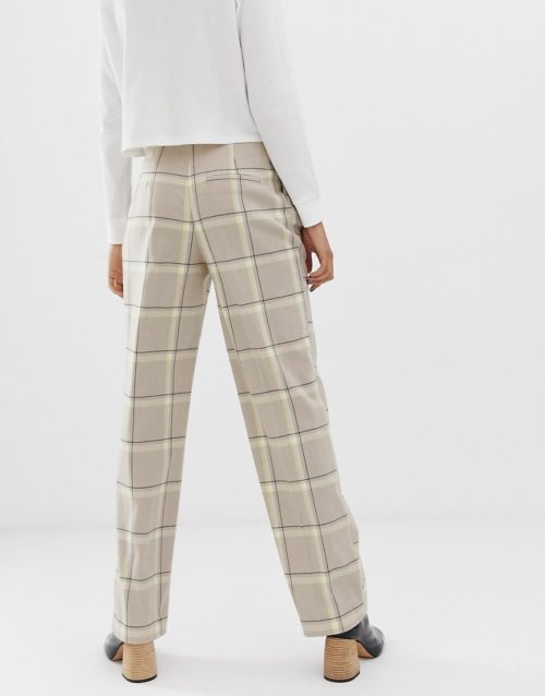 Monki tailored wide leg trousers with check print in beige