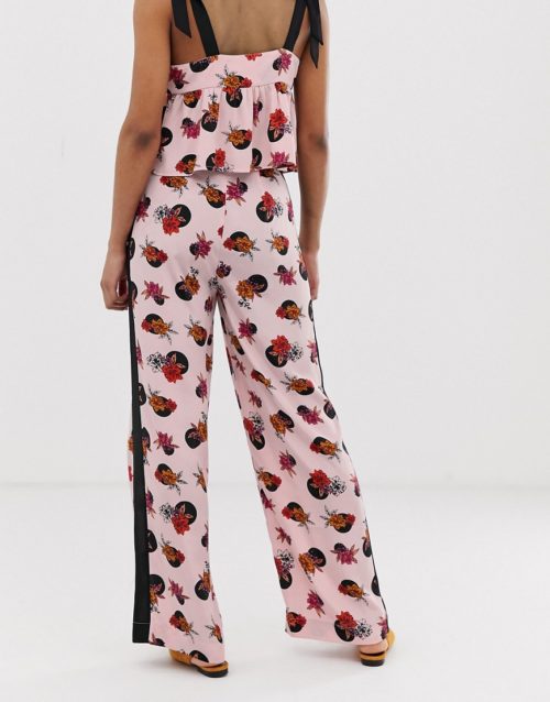 Neon Rose wide leg trousers with side stripe in spot floral co-ord-Pink