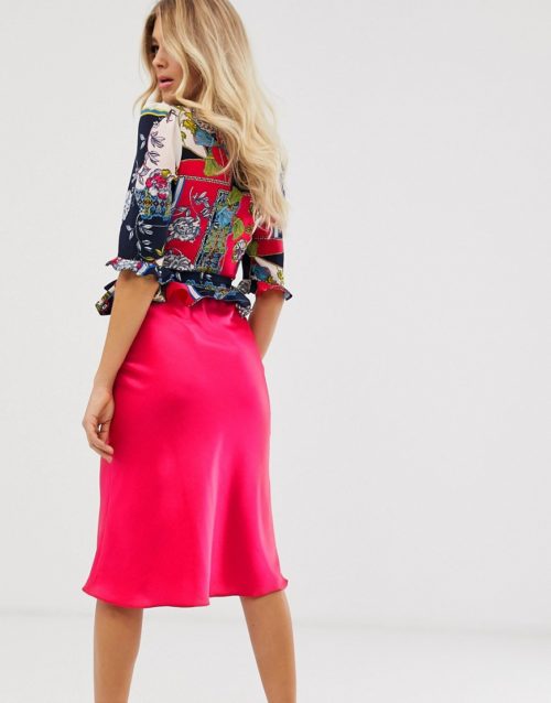 Outrageous Fortune wrap front frilly tie crop top in red scarf print-Multi