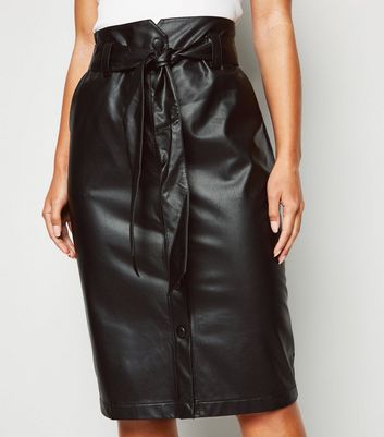 Petite Black Leather-Look Belted Pencil Skirt New Look