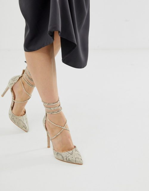 Public Desire Aries natural snake ankle tie heeled shoes-Beige