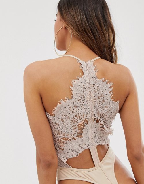 Rare London lace detail bodysuit with scalloped back in peach-Pink