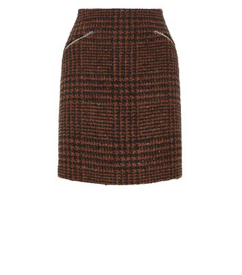 Rust Check Tweed Zip Pocket Mini Skirt New Look