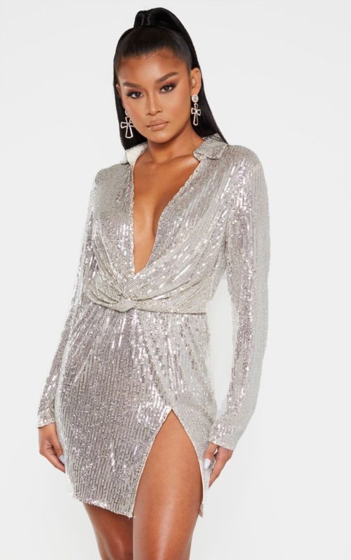 Silver Sequin Embellished Deep Plunge Blazer Style Bodycon Dress, Silver
