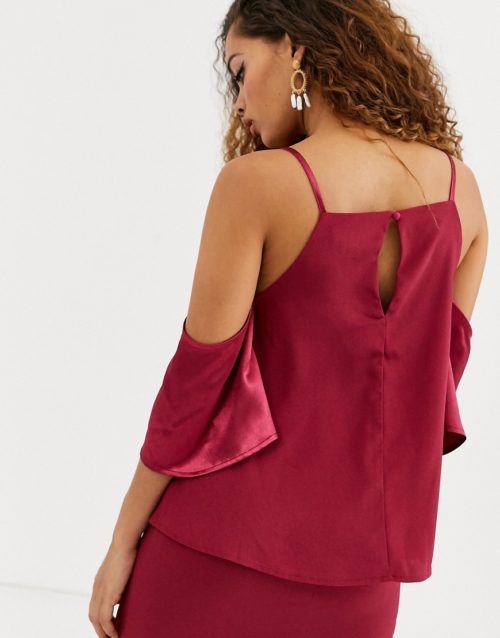 True Decadence Petite asymmetric cami strap top co-ord with ruffle front in raspberry-Pink